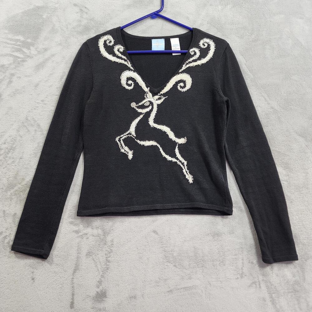 Smitten Michael Simon Sweater Womens S Black Reindeer V-Neck Christmas Holiday